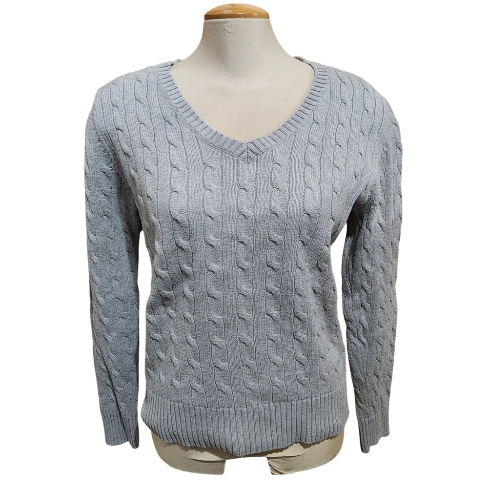 Tommy Hilfiger Womens Gray Cable V-Neck Sweater preppy classic. Fits L tag XL